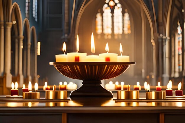 Candles in a church with a stained glass window in the background