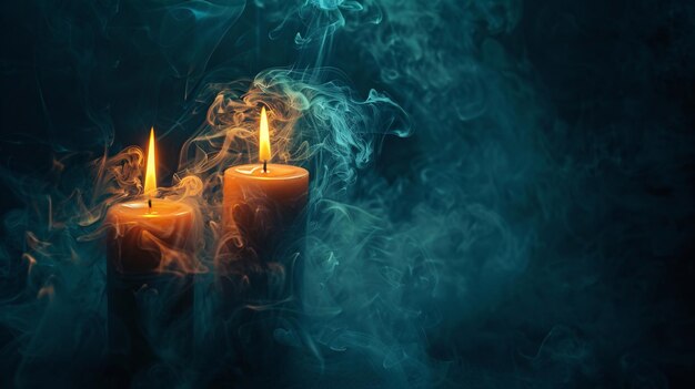 candles in the dark with smoke and a blue background