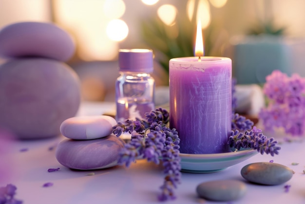 Candles essential oils and lavender flowers on a table