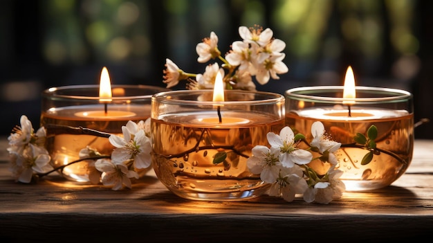 Candles Flowers Placed On Wooden Table Background Image Desktop Wallpaper Backgrounds HD