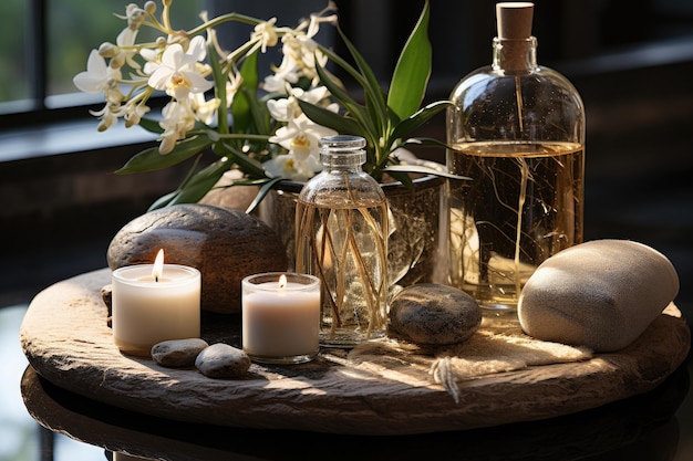 Candles flowers and spa stones on dark background