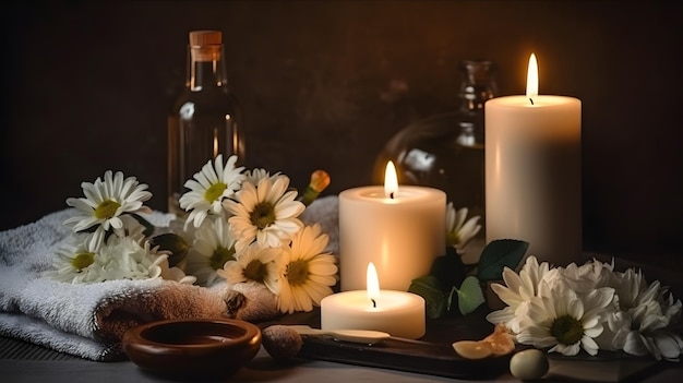 Candles and flowers on a table with a candle in the background