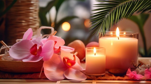 Свечи и цветы на столе на фоне пальмы