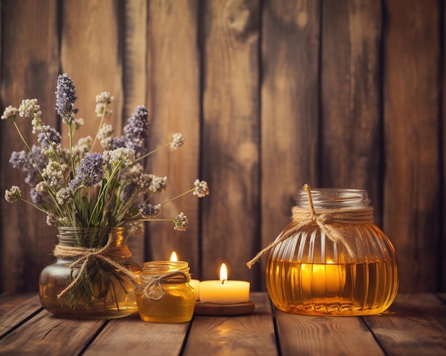 Candles and flowers on a wooden table