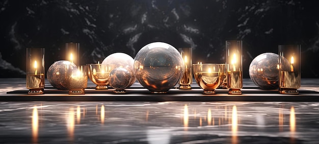 candles in glass on a black marble table in the style of hyperrealistic details