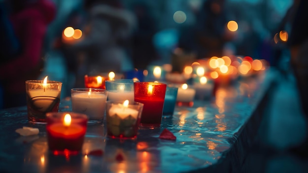 Candles glow warmly on a surface casting soft light in a dim blurred background