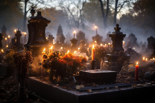 Candles on a grave in Wola Cemetery in Warsaw city