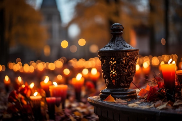 바르샤바 시 볼라 묘지의 무덤에 촛불이 켜져 있습니다.