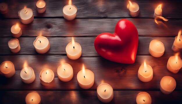 Photo candles and a heart on a wooden background