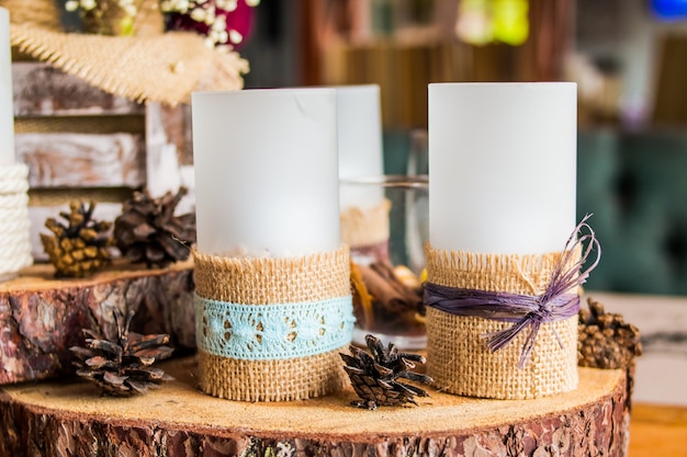 candles in the interior. candle and pine cones. 