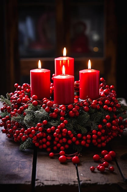 candles lit wreath red berries evergreen leaves curtains magenta flowers crown thorns displays table