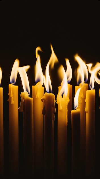 Candles many burning candles in dark yellow candles on black background