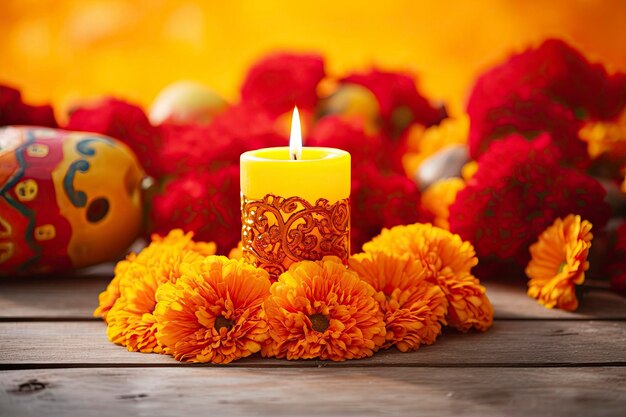 Candles and marigold flowers day of the dead concept dia de los muertos