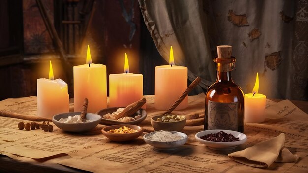 Candles near bottle and ingredients on parchment