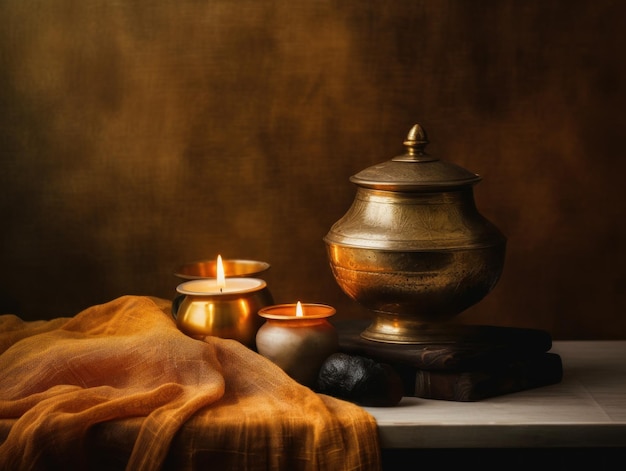 Candles and an old brass urn on a wooden table ai