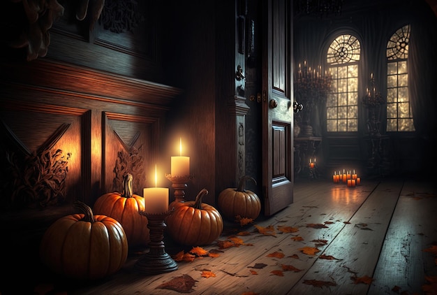 Candles and ominous pumpkins on a hardwood floor in an ancient home Halloween related idea