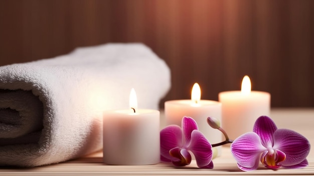 Candles and orchids on a table with a towel