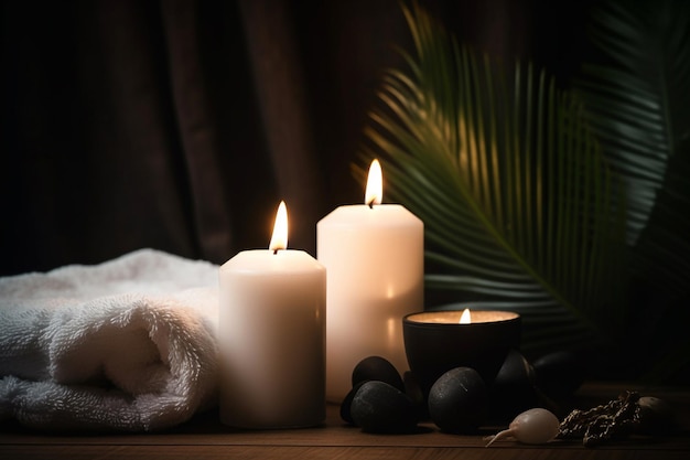 Candles and palm tree in front of a dark background