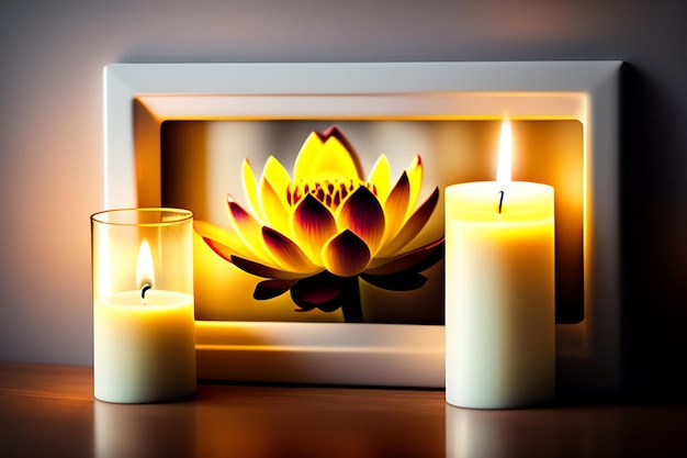 Candles and a picture of a lotus flower