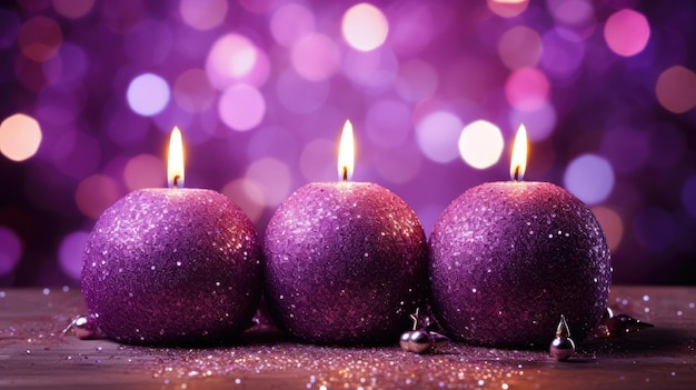 candles on a purple background with a purple christmas light