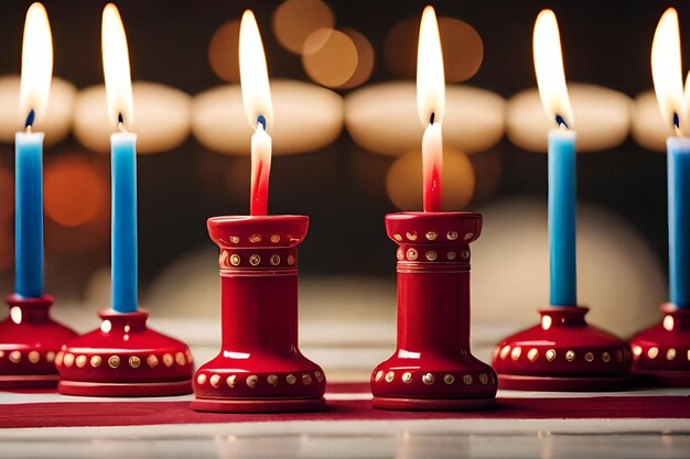 Candles on a red candle holder with a white background.