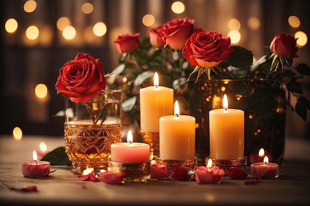Candles and rose romantic scene on valentines day ai generative