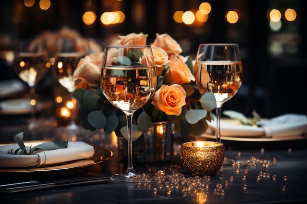 불과 장미는 와인 한 잔과 함께 테이블에 켜져 있습니다.
