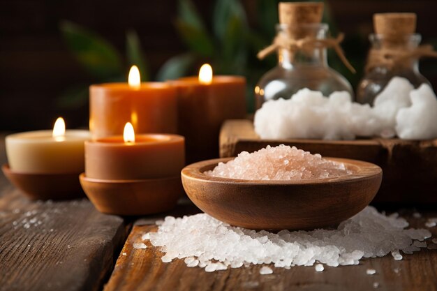 Photo candles and salt on a wooden table