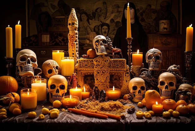 candles and skeletons on a table in front of a mexicansized altar in the style of light yellow