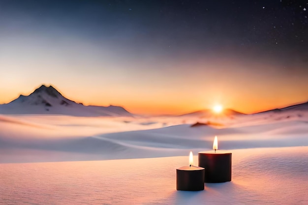 Candles in the snow with mountains in the background