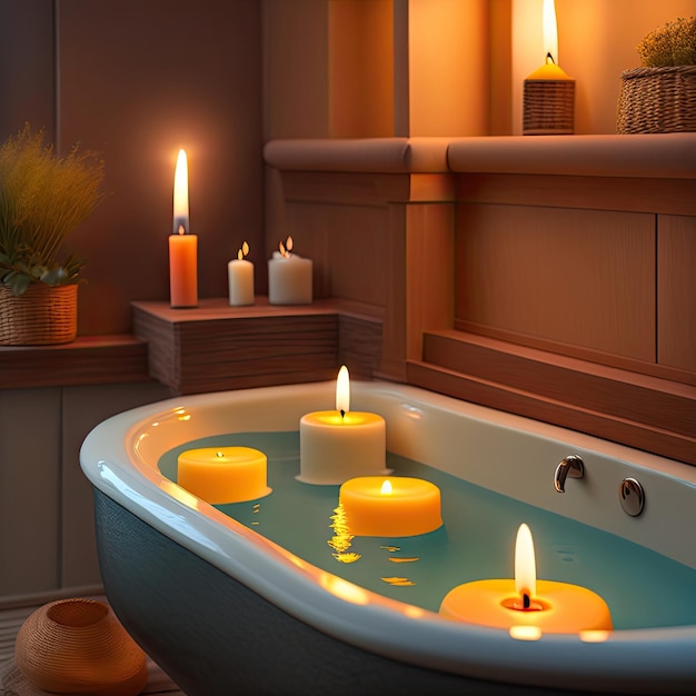 Candles in a spa bathtub Relaxing soap suds soak Romantic bath