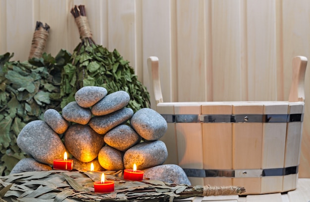 Candles, stones for sauna and bath accessories.