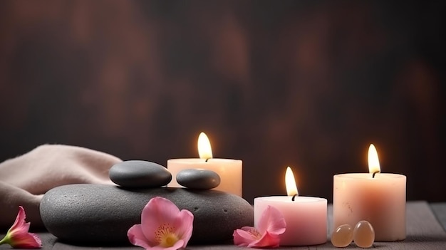 Candles and stones with a pink flower on them