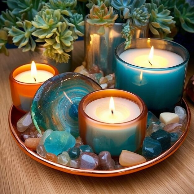 Candles and succulents on a wooden table in a spa