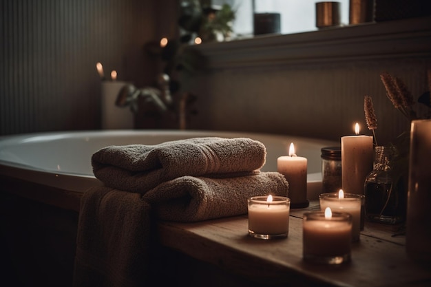 Candles on a table in a bathroom with a window behind them