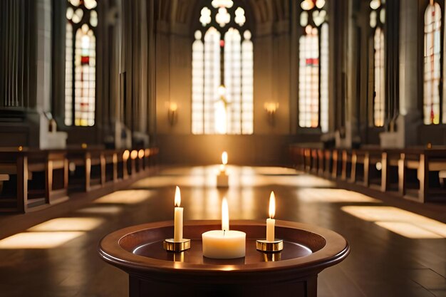 Foto candele su un tavolo in una chiesa con una vetrata sullo sfondo.