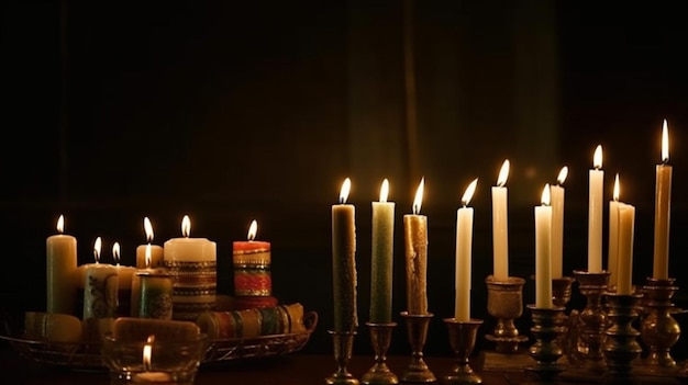 Candles on a table in front of a black background