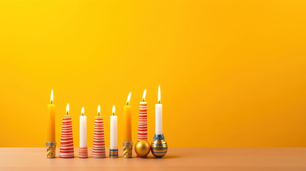 Candles on a table in front of a yellow background with copy space