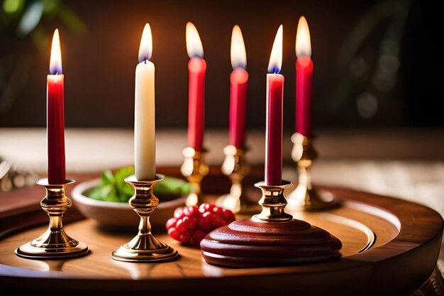 Свечи на столе со свечой посередине.