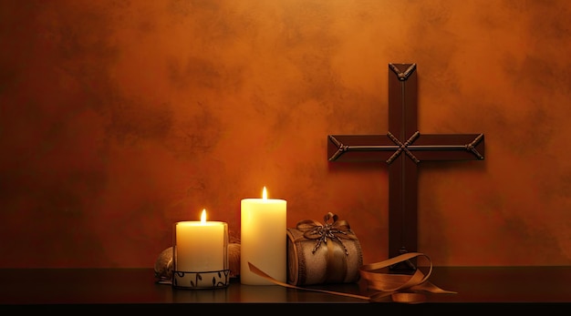 Photo candles on a table with a cross on the wall