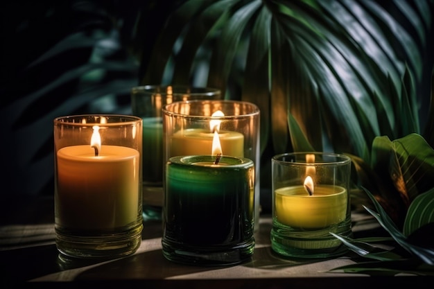 Candles on a table with a palm leaf in the background