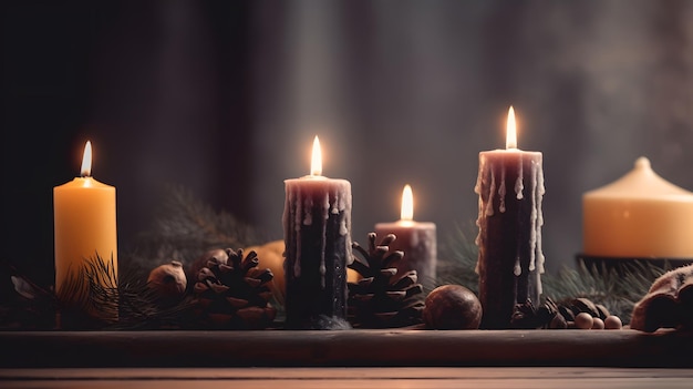 Candles on a table with pine cones and pine cones