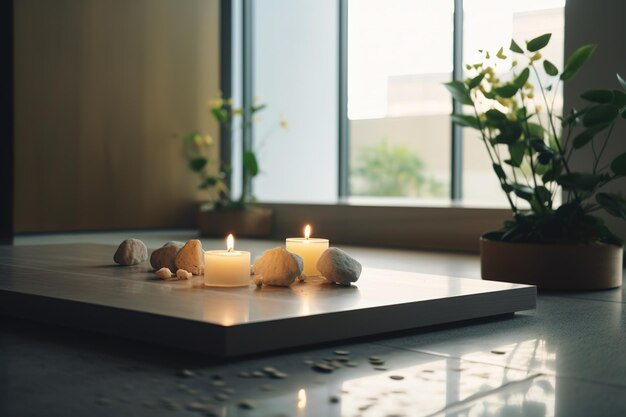 Candles on a table with a plant in the background