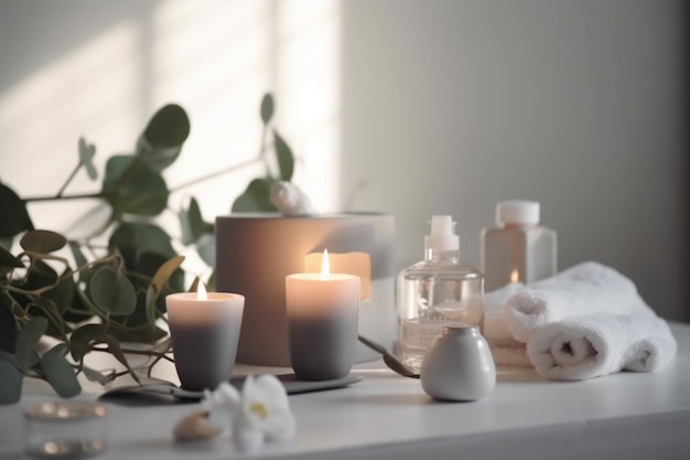 Candles on a table with a plant and a plant