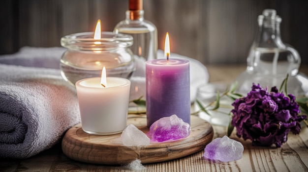 Candles on a table with purple crystals and purple flowers