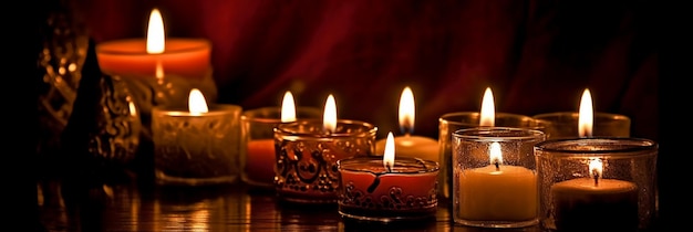 Candles on a table with a red curtain behind them