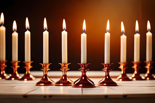 Candles on a table with a row of candles in the middle.