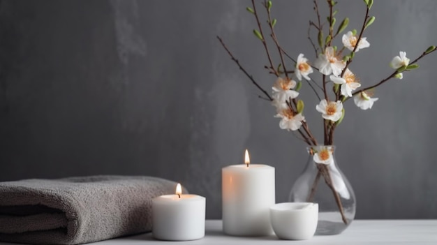 Candles on a table with a vase of flowers in the background