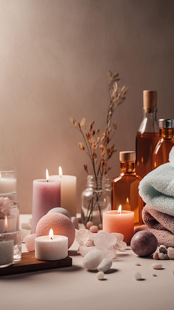 Candles and towels with a candle on the table