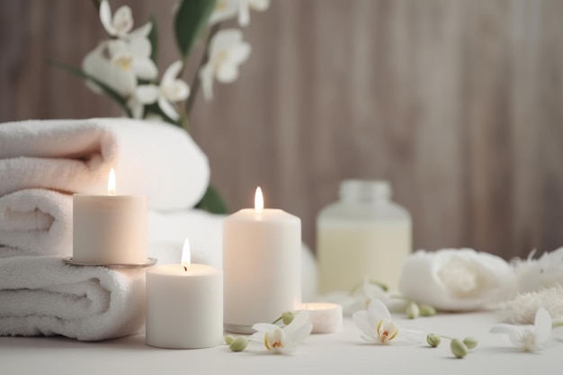 Candles and towels with a white towel on the table